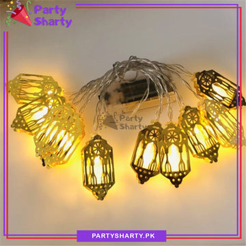 Golden Lantern Shaped Led Metal String Lights For Ramadan Festival and Celebration